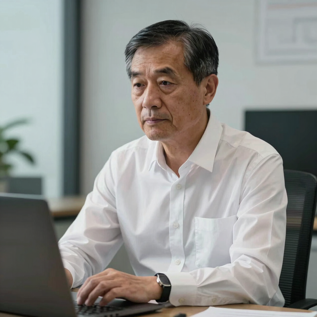 A professional portrait of a senior technical officer wearing a crisp white shirt, sitting at a desk with modern design elements. He looks focused and innovative. East Asian / International Business context.