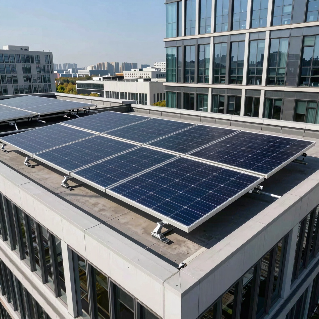 A professional photograph of a bifacial solar module mounted on a rooftop of a contemporary office building in an East Asian city. The composition focuses on the innovative design of the panel, with clear blue skies above.