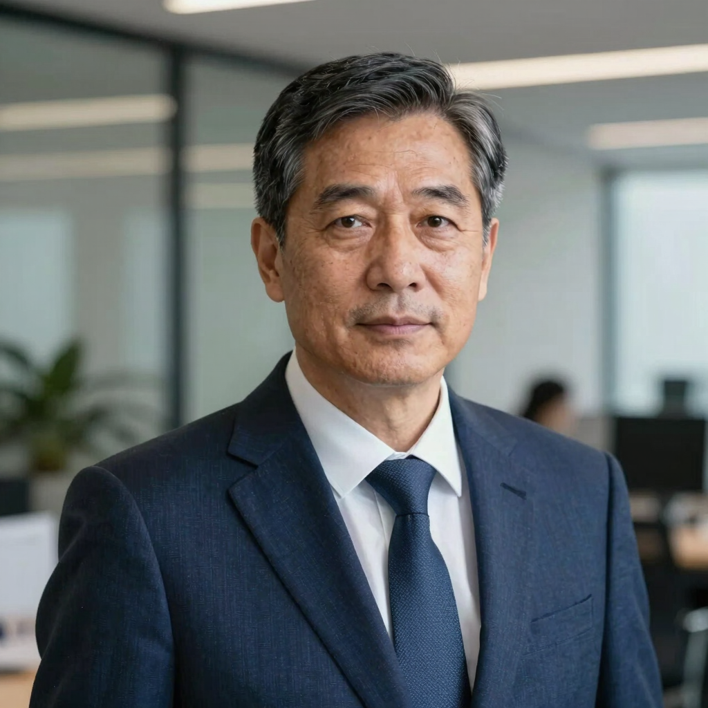 A professional headshot of a senior executive in a dark blue business suit, looking confident and authoritative against a blurred modern office background. East Asian / International Business style.