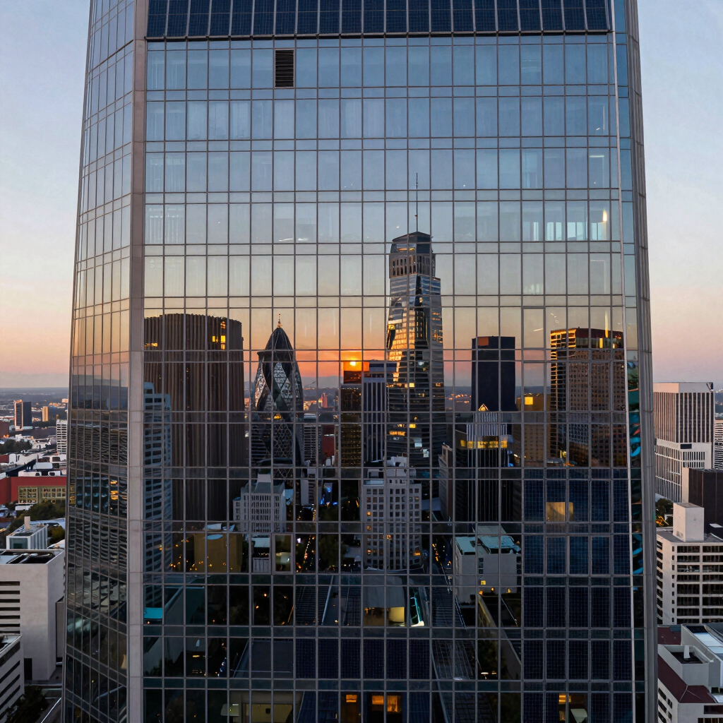 Professional photography of an urban skyscraper with integrated photovoltaic glass panels reflecting a vibrant city skyline at dusk.