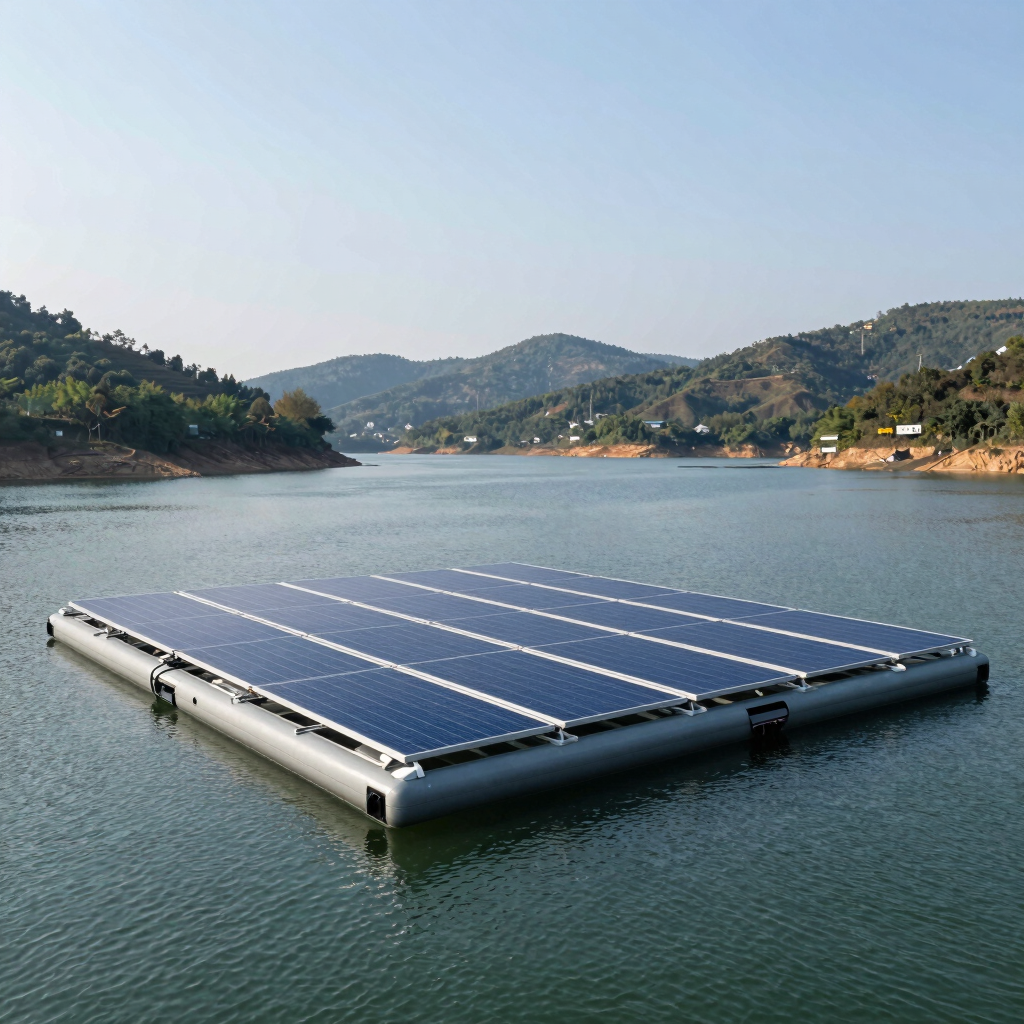 A floating solar power plant on a calm reservoir with surrounding hills, East Asian / International Business context, bright daylight.