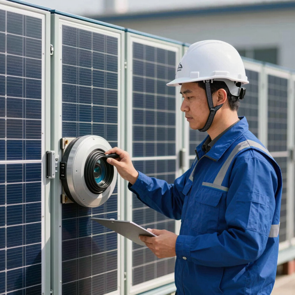 Professional photography of a technical engineer in a white hard hat and blue vest standing in front of a bank of solar inverters, East Asian / International Business setting, bright midday sun.