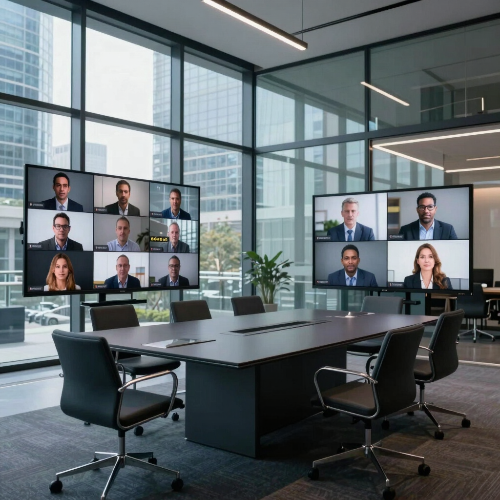 Photography of an elegant glass-walled conference room in an international business hub, showing a high-tech video conferencing setup and minimalist furniture, blue and slate color palette.