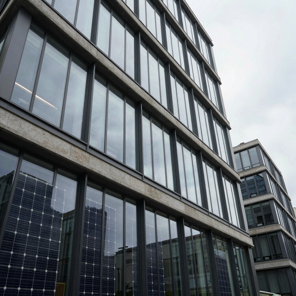 Wide-angle photography of a contemporary office building in a European business district featuring large solar glass windows, soft overcast lighting, professional aesthetic.