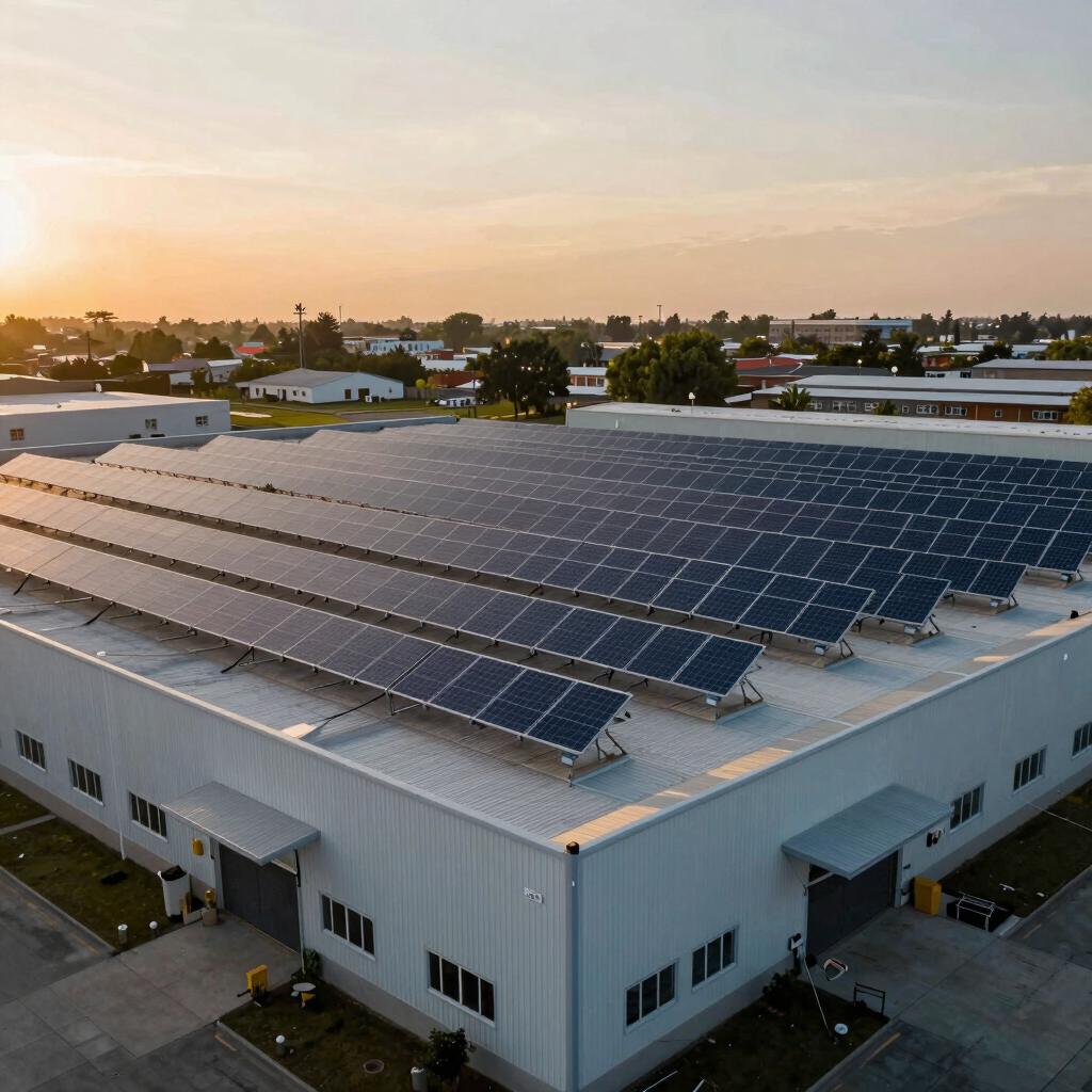 Photography of a large-scale commercial solar installation on the roof of a logistics center in a North American suburban setting, sunset lighting with warm amber tones.