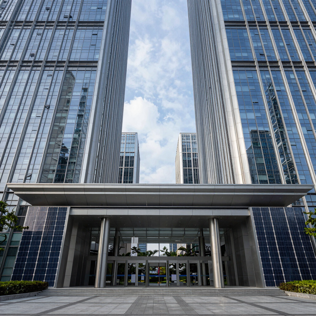 Photography of the grand entrance of a modern technology park in Shenzhen, sleek architecture with integrated solar facades, East Asian / International Business, clean and authoritative style.