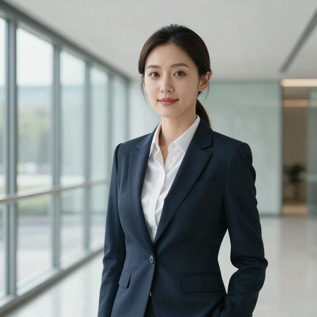 A professional portrait of a female executive in modern professional attire, standing in a bright, clean glass hallway. Her expression is approachable and expert. East Asian / International Business setting.