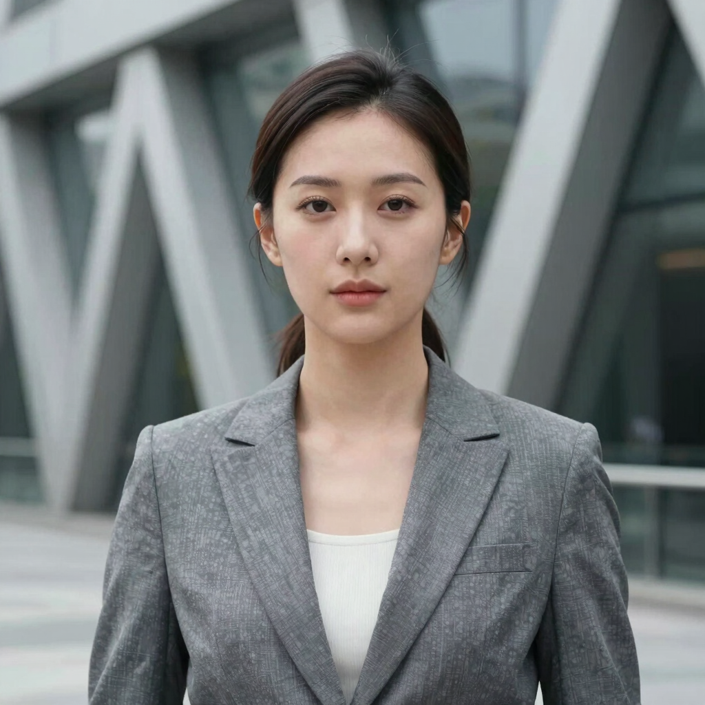 A professional headshot of a woman in a grey tailored blazer, set against a backdrop of a modern architectural structure. She conveys strategic leadership. East Asian / International Business style.
