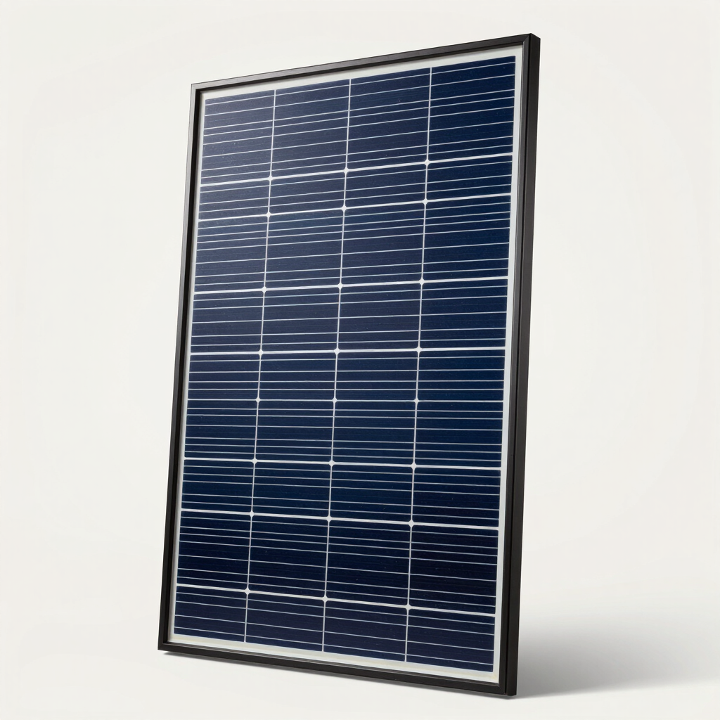 A crisp, professional studio photograph of a single high-efficiency monocrystalline solar panel. The lighting is soft and even, highlighting the sleek black frame against a clean Off-White background.