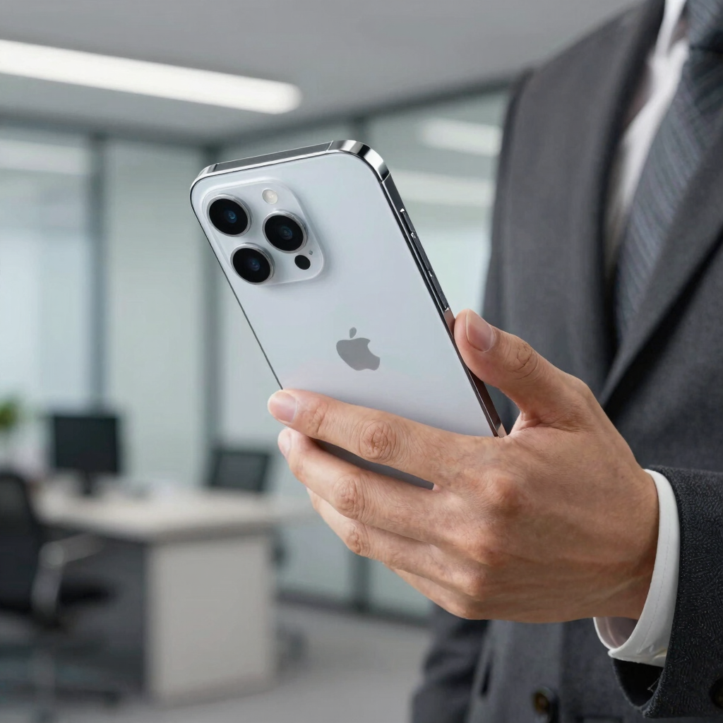 Close-up photography of a professional business person's hand holding a high-end smartphone with a modern corporate office background, East Asian / International Business, focus on sleek glass and metal materials.