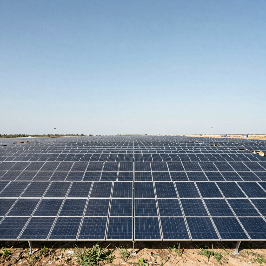 A wide-angle landscape photograph of an expansive utility-scale solar farm. Thousands of solar panels are aligned in perfect rows under a bright, clear sky, conveying reliability.
