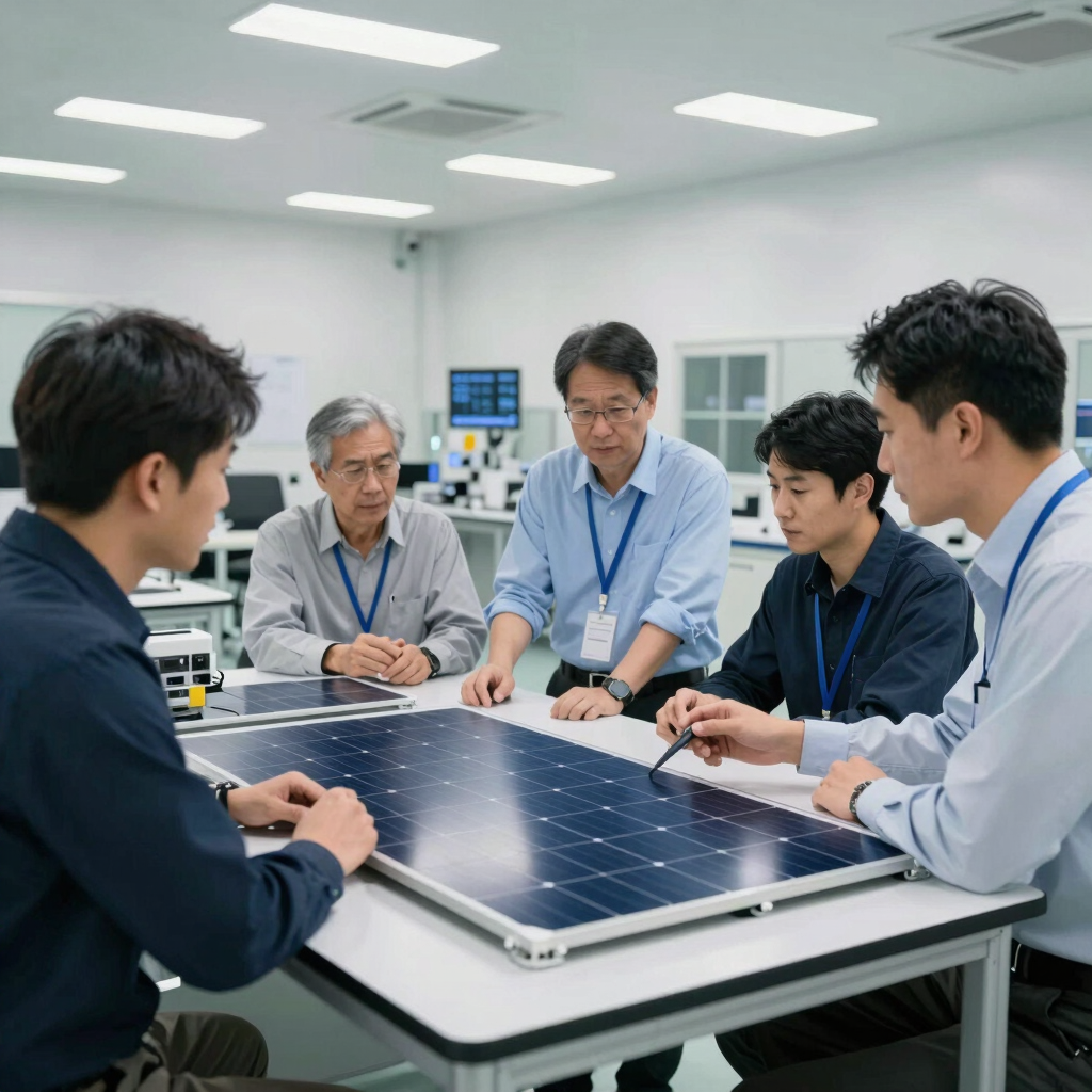 Professional photography of an East Asian / International Business setting inside a modern solar research facility. Engineers are collaborating around a large table, examining sleek solar cell prototypes in a bright lab.